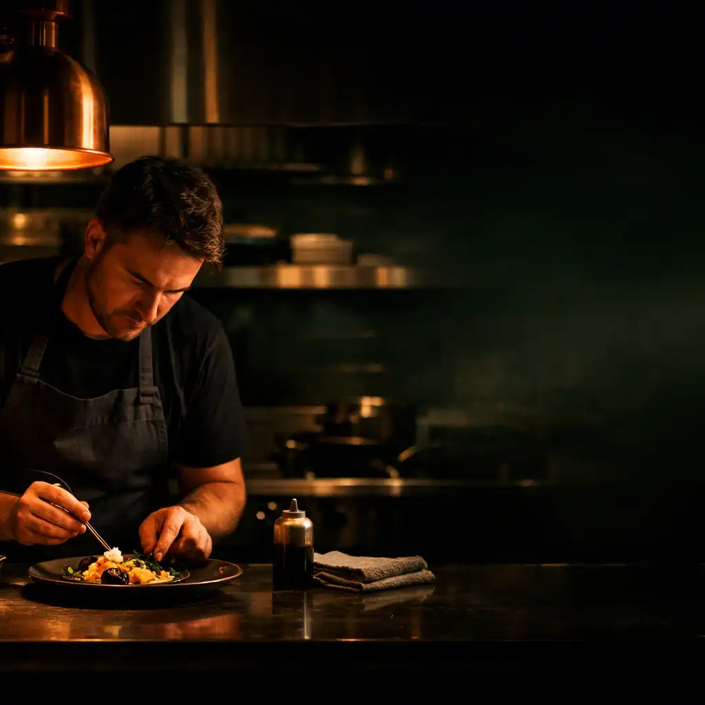 Chef plating a dish in the Epic Urean Dining kitchen