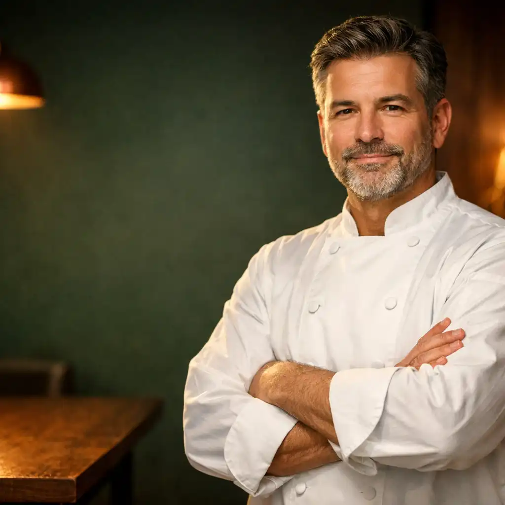 Chef in a white coat standing in a warmly lit kitchen