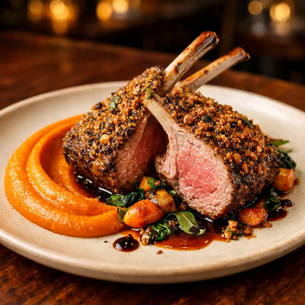 Copper Crusted Lamb with herb crust, kūmara purée, and red wine jus on a cream ceramic plate