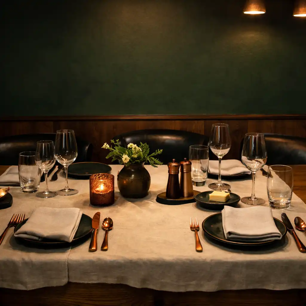 A warmly lit dining table set with cream linen and copper cutlery in a contemporary New Zealand restaurant