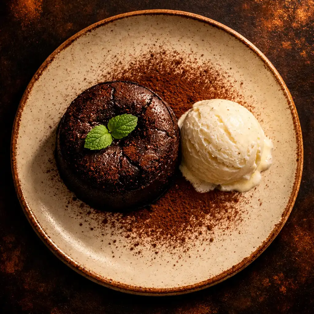 Dark chocolate and kawakawa fondant with vanilla bean ice cream