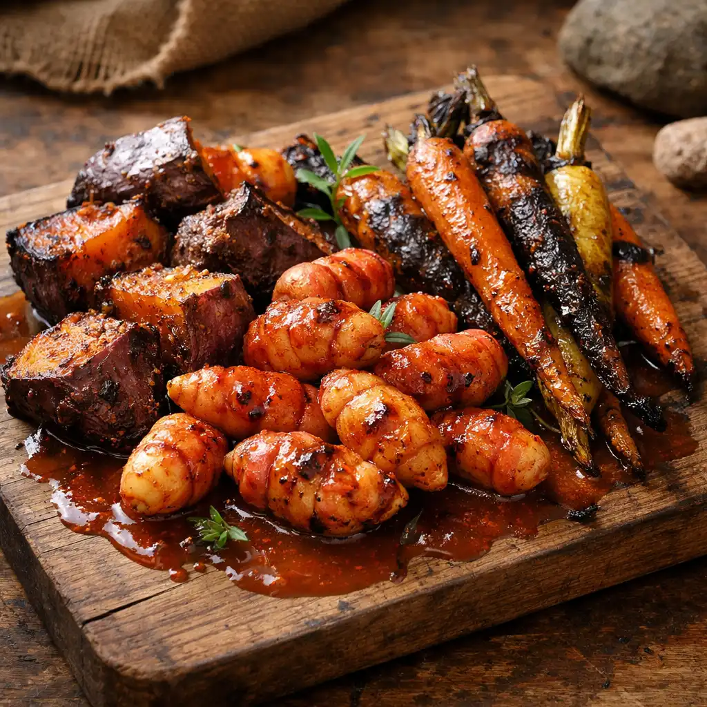 Hāngī-inspired root vegetables with smoked tomato jus on a wooden board
