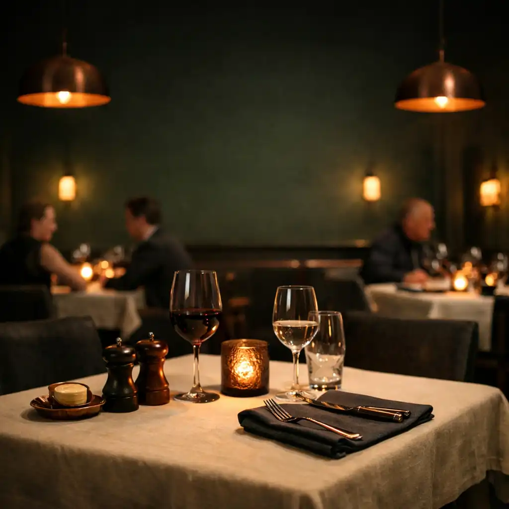 Warmly lit dining room at Epic Urean Dining with forest-green walls, cream linen, and copper lighting