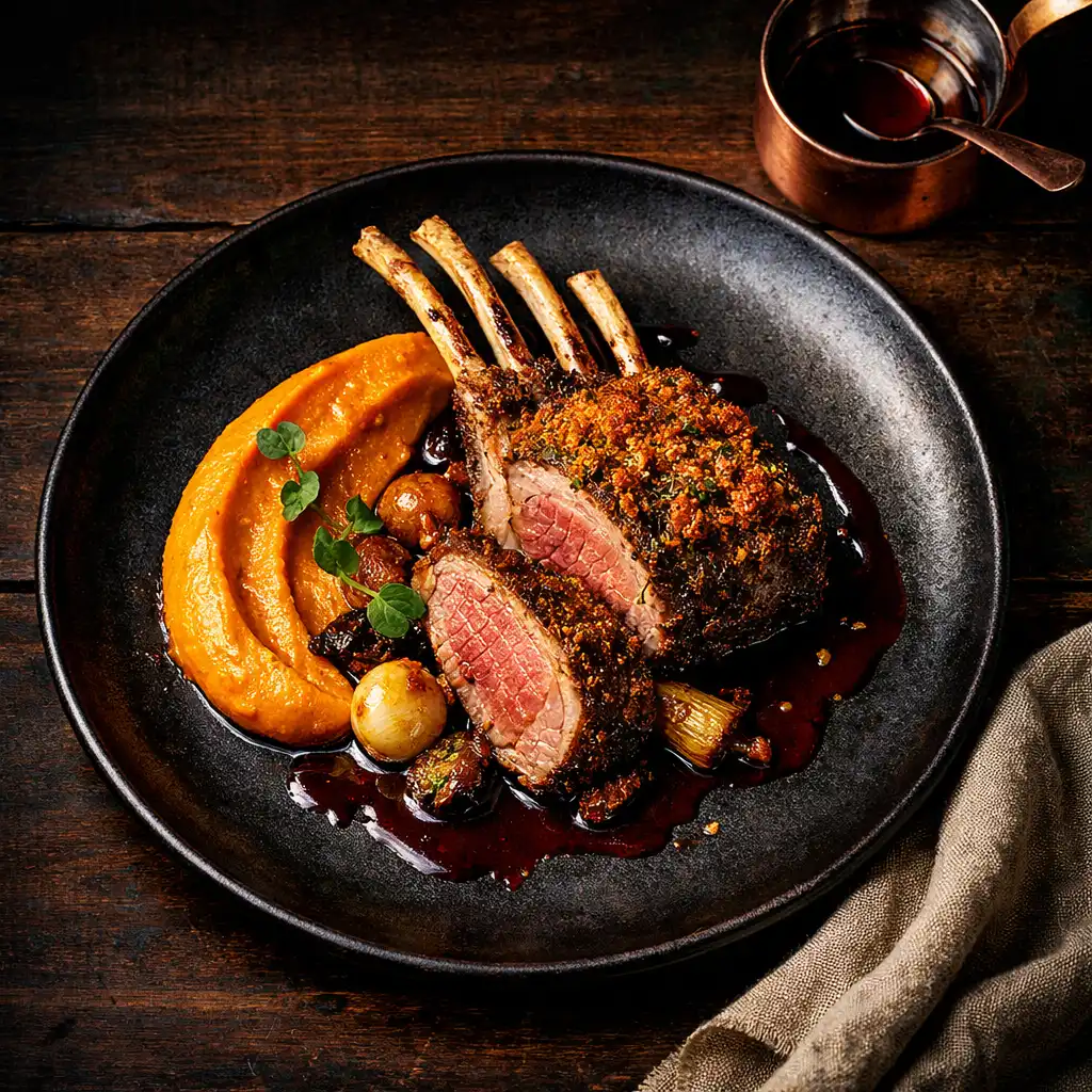 A dramatically plated signature lamb dish on a dark wood table with copper highlights