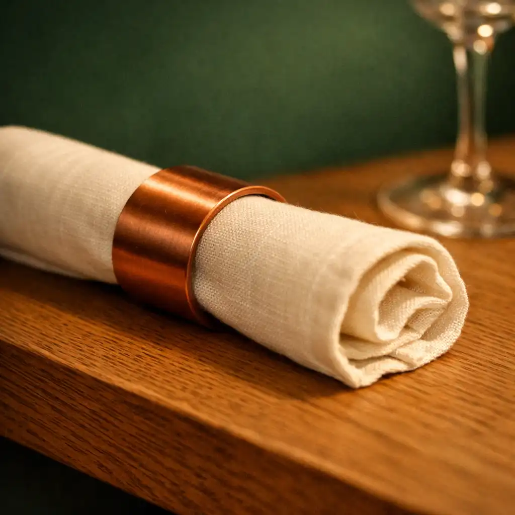 Close-up of an oak table setting with cream linen napkin and copper napkin ring