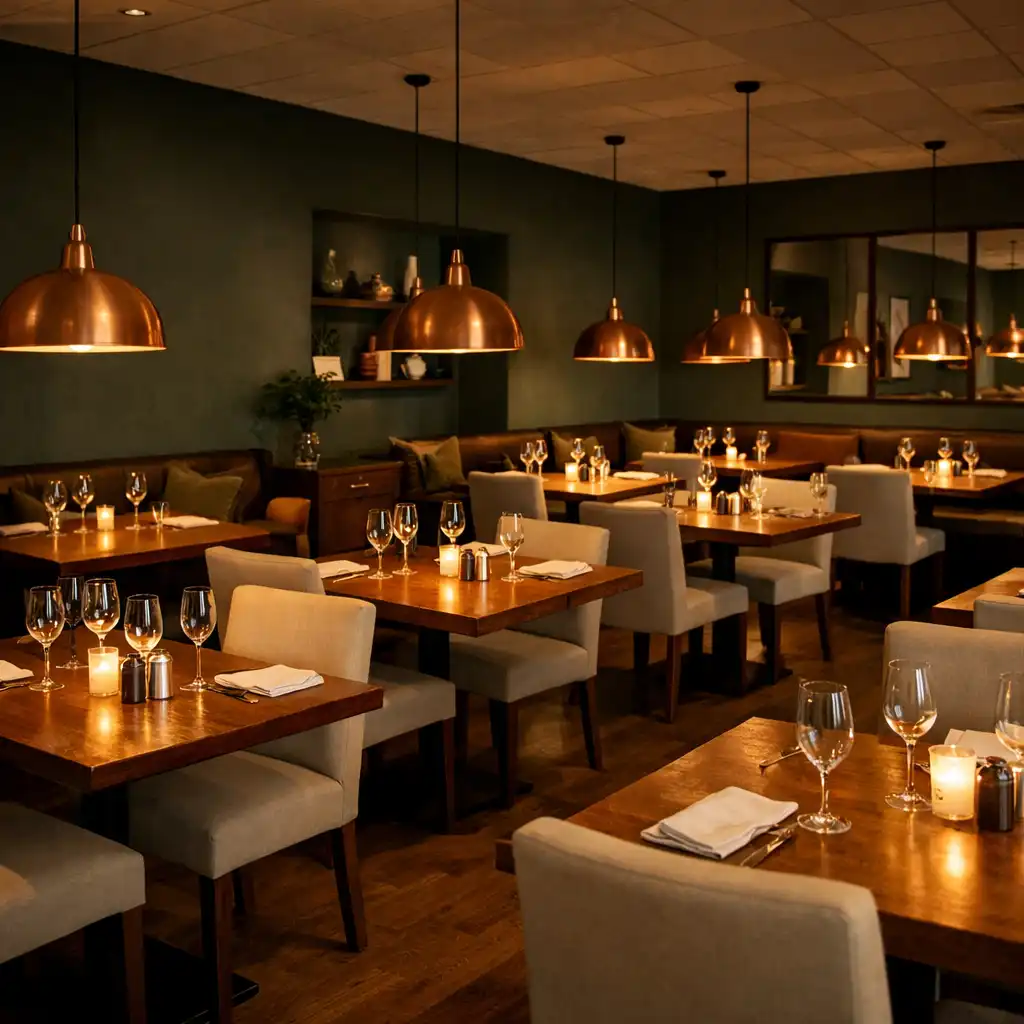 Wide view of the main dining room with green walls, wooden tables, and copper pendant lights