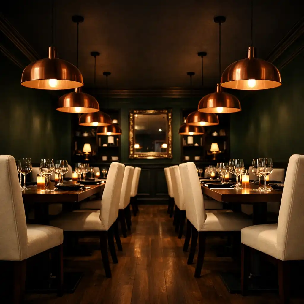 Dining room with forest-green walls, cream chairs, and copper pendant lights