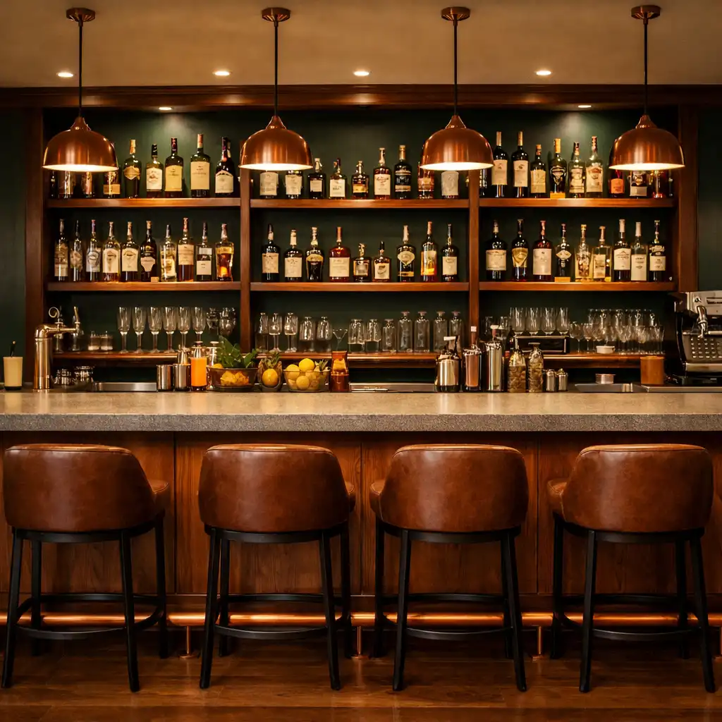 Bar area with honed stone top, warm wood front, and copper foot rail