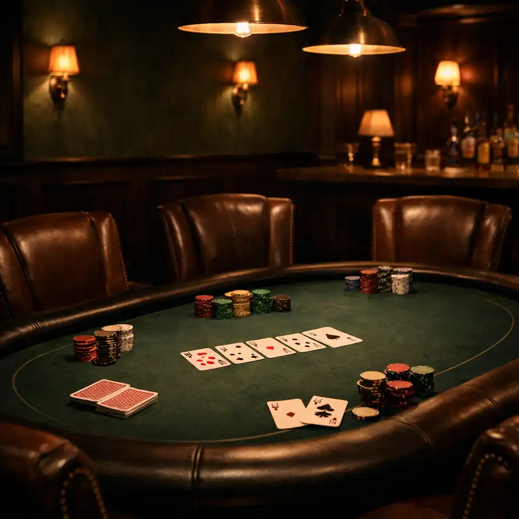 Poker lounge table with chips and leather chairs under low copper lighting