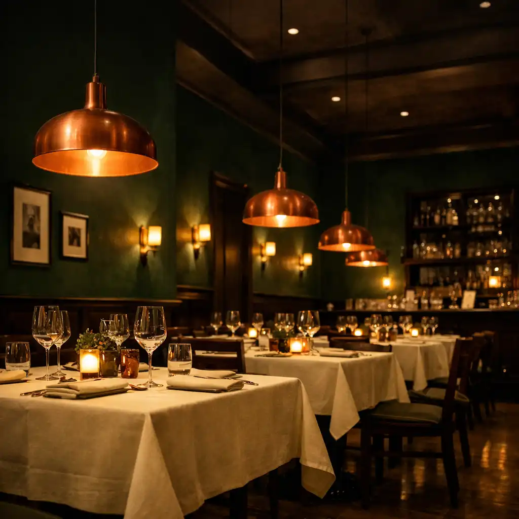 Moody dining room with deep green walls, cream linen tables, and copper pendant lights