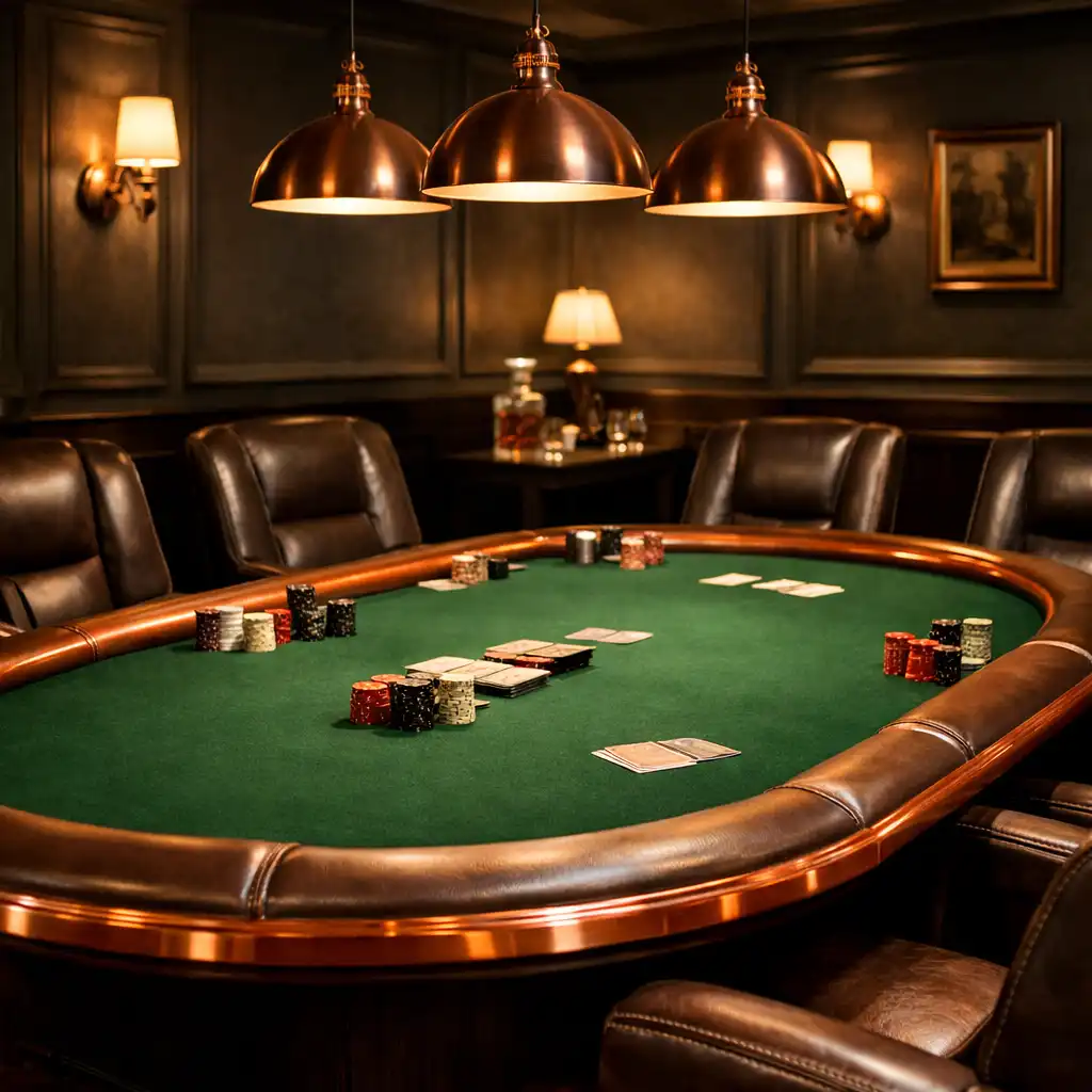 Poker lounge with green felt table, leather chairs, and copper accents