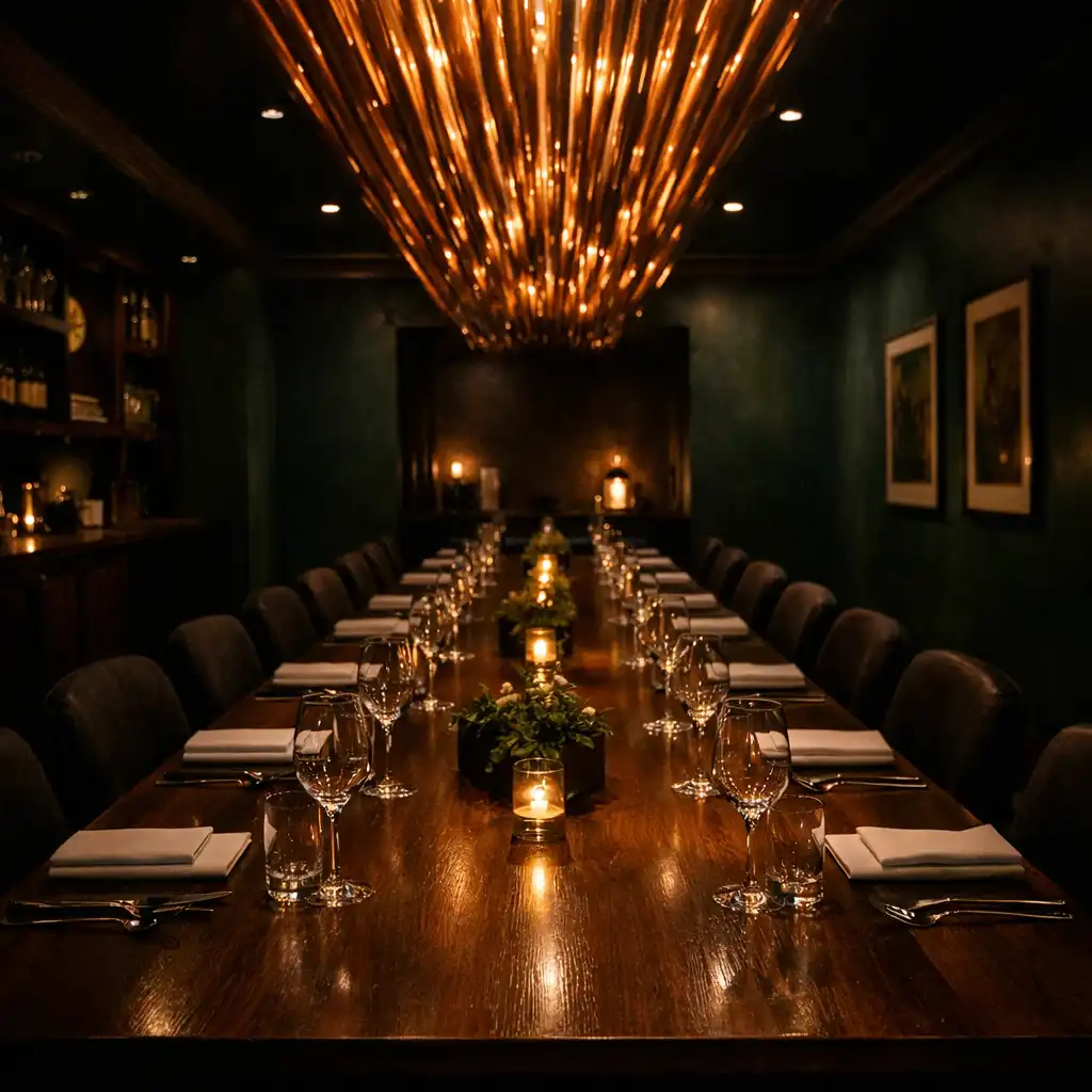 Private dining room with long wooden table and copper light installation