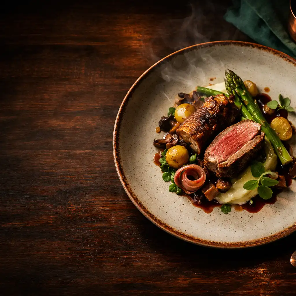 Overhead view of a beautifully plated contemporary New Zealand dish on a dark wood table with steam rising