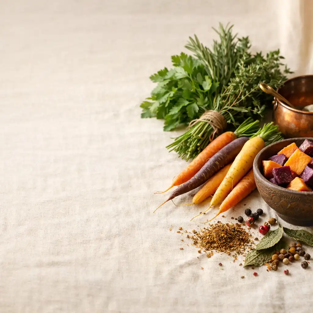 Fresh New Zealand ingredients including herbs, heirloom carrots, and kūmara arranged on cream linen