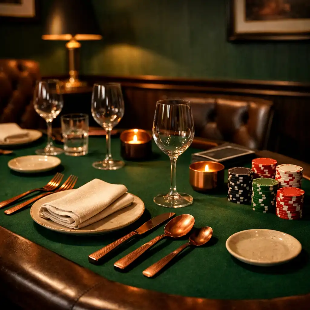 A poker table with green felt set for dining, with cream napkins, copper cutlery, and stacked poker chips
