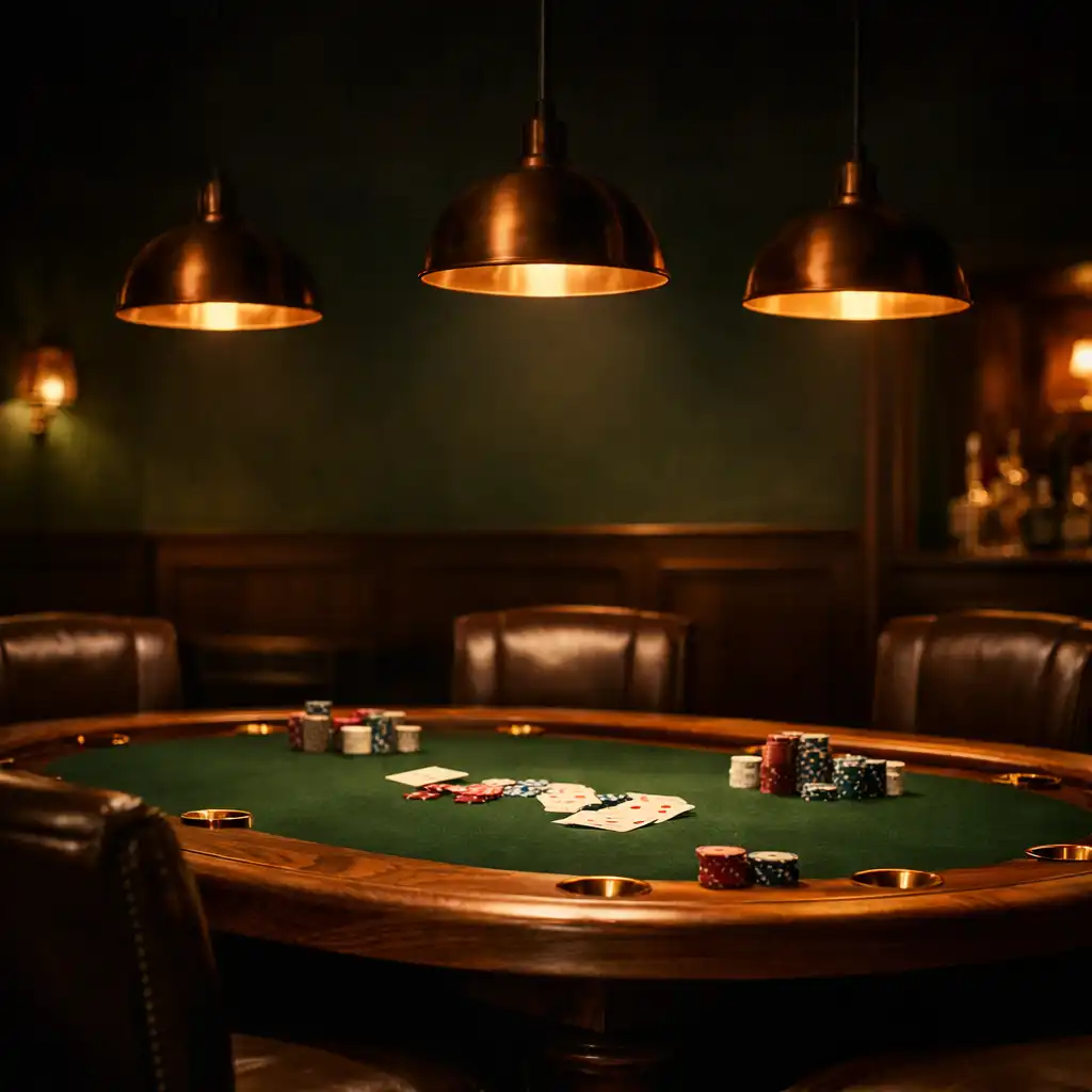 Dimly lit poker lounge interior with a custom oak table, leather chairs, and copper pendant lights