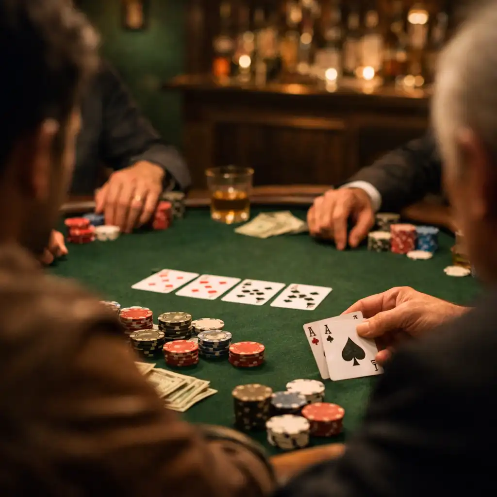 Private poker event in progress with chips, cards, and hands visible, faces out of focus