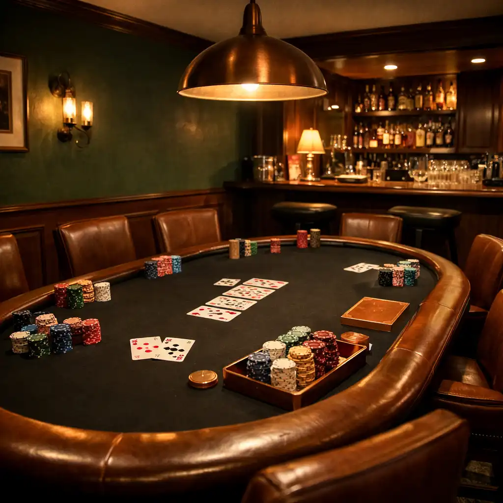 Wide interior view of the private poker room with forest-green walls and a small service bar