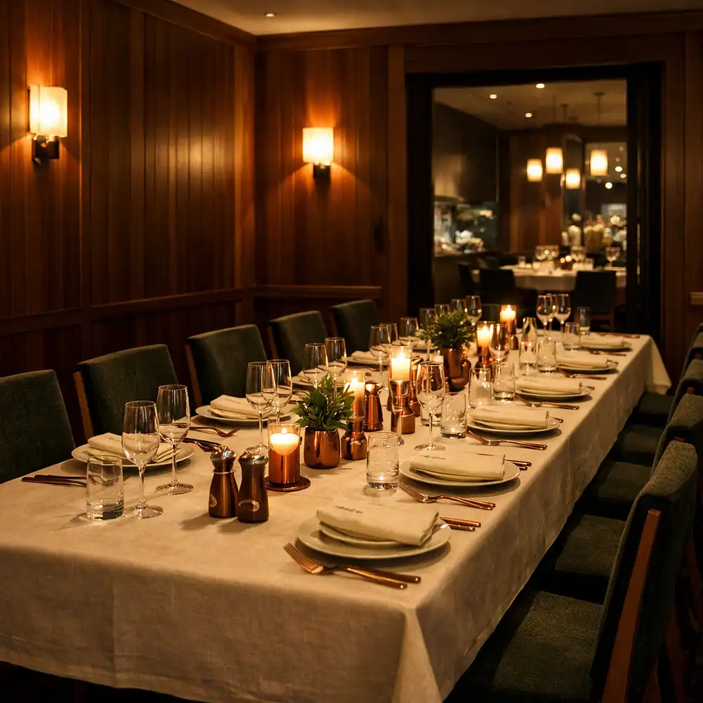 A private dining room with warm wood paneling and a long table set for fourteen guests