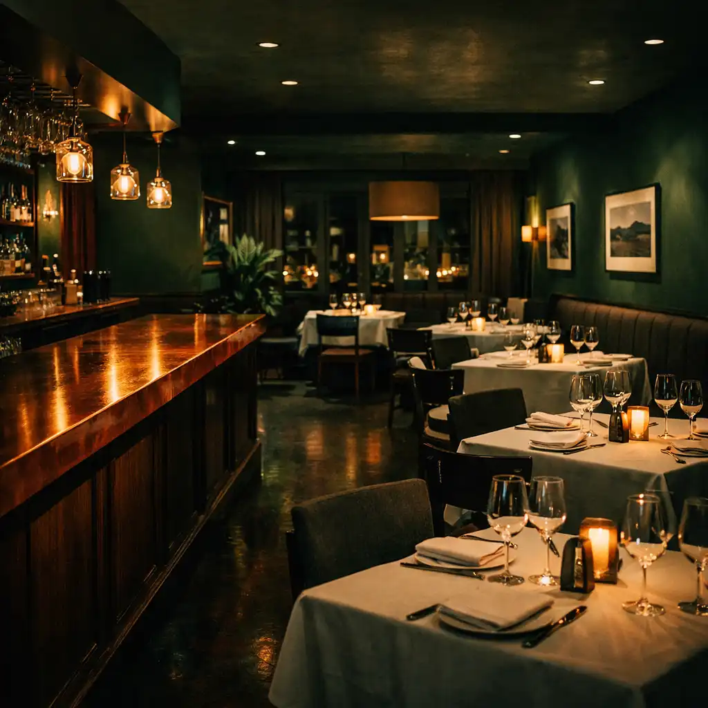 Warm, dimly lit dining room with forest-green walls, cream linen tables, and a copper-topped bar