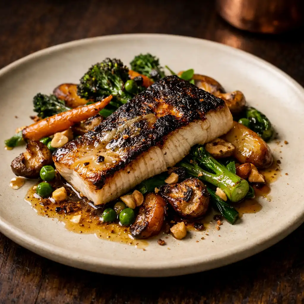 Wood-fired fish with roasted vegetables and brown butter on a dark wood table
