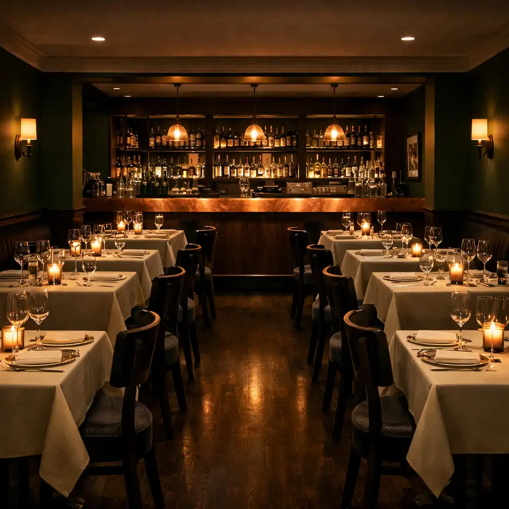 Row of cream linen tables with candlelight, forest-green walls, and a copper bar in the background