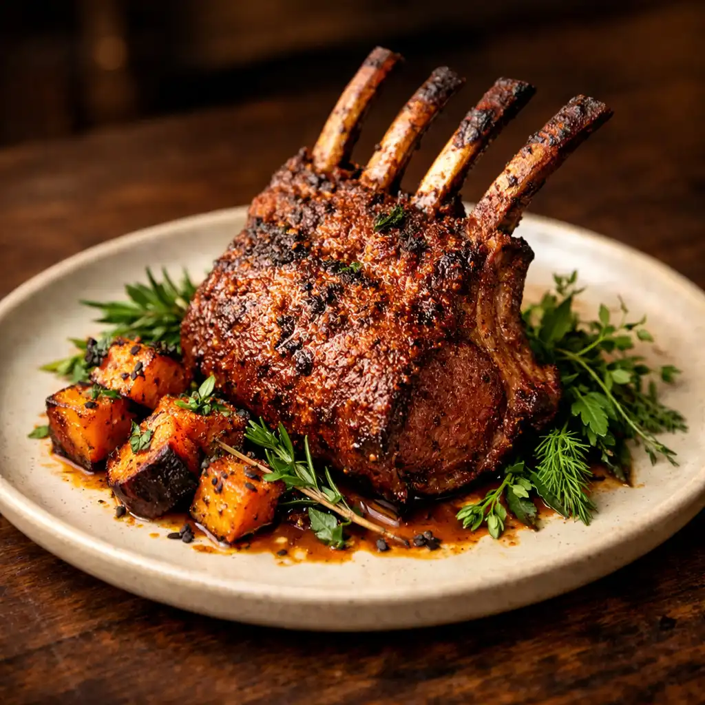 Copper-rubbed lamb rack on a cream ceramic plate with smoked kumara and native herbs