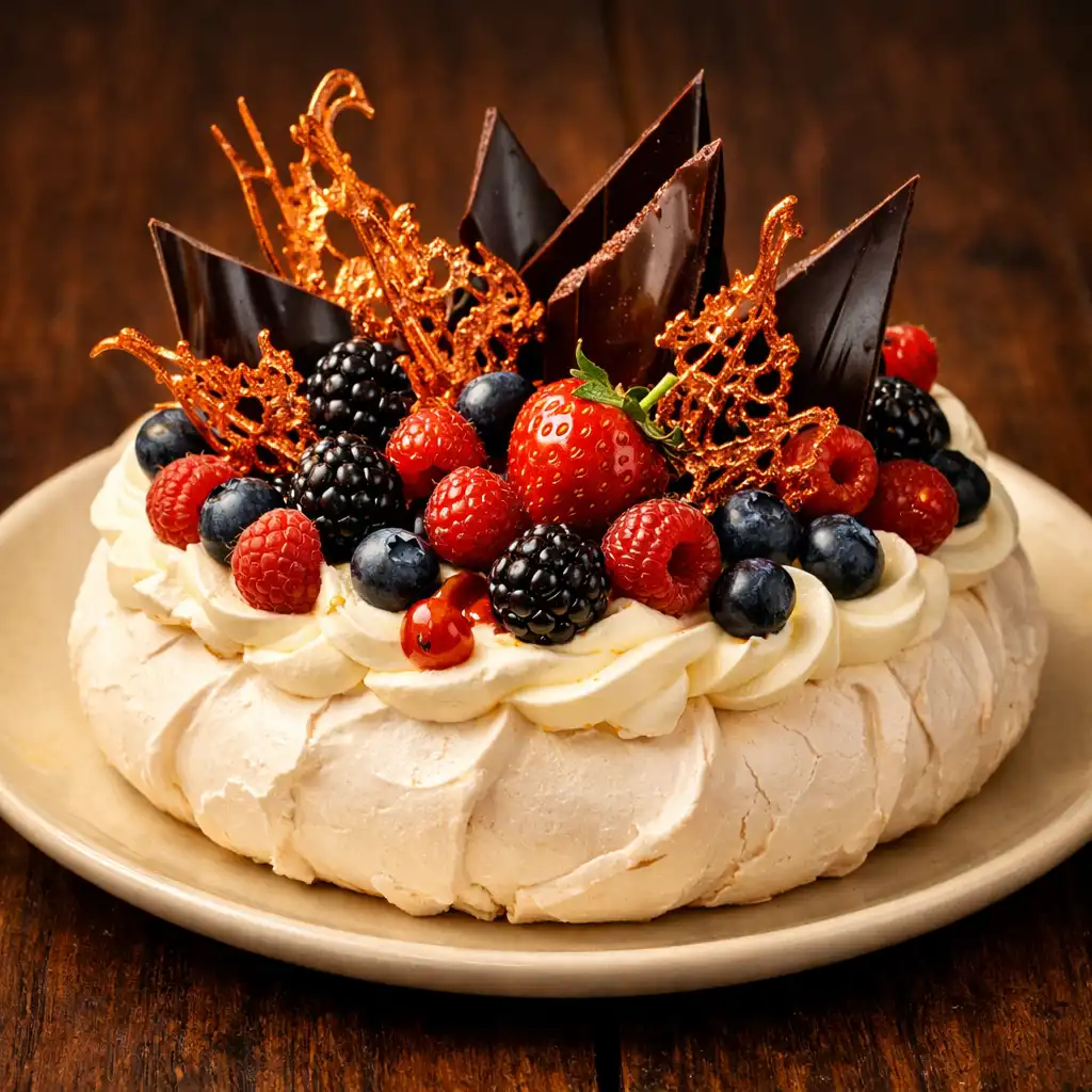 Pavlova with dark chocolate shards, copper sugar work, cream and berries