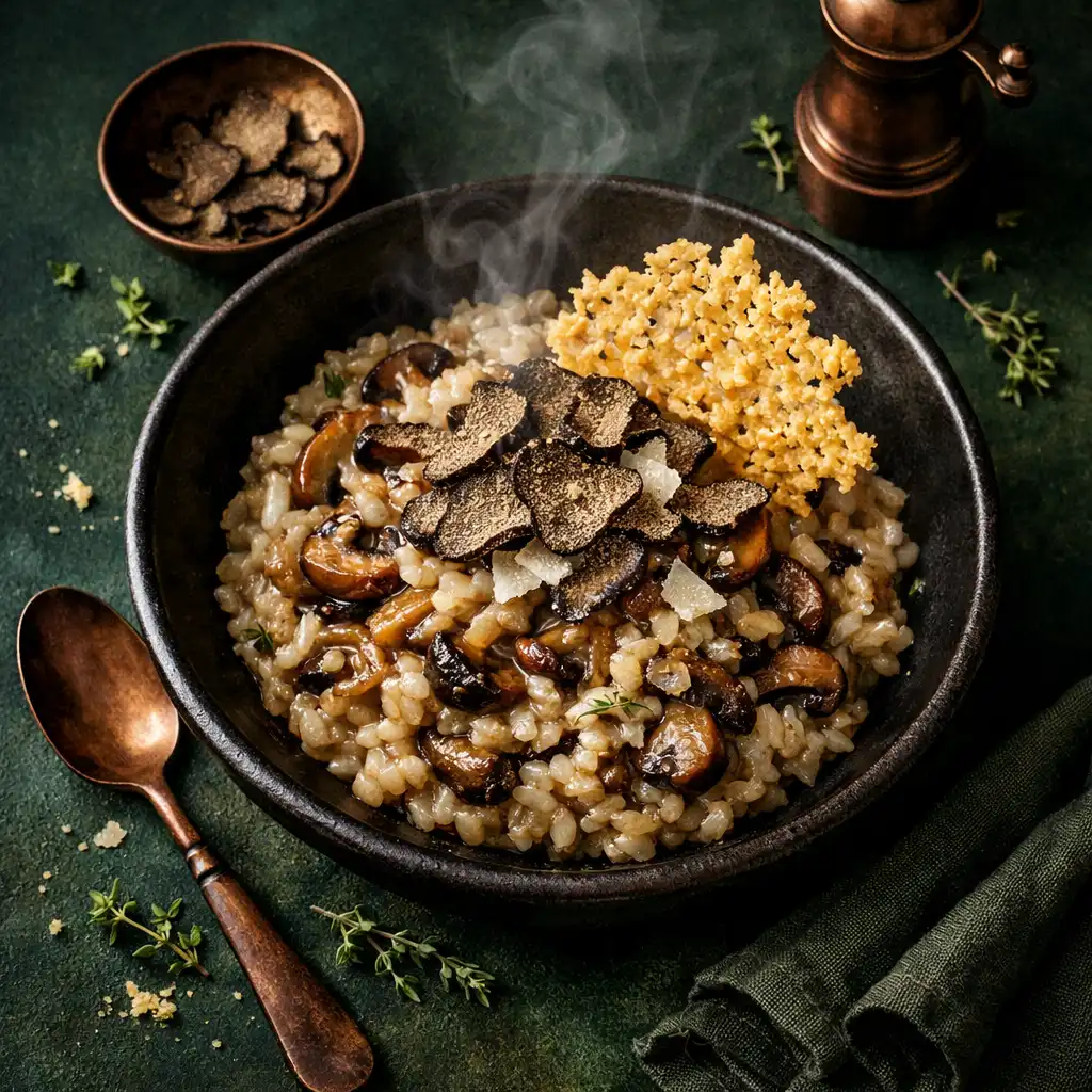 Wild mushroom risotto in a dark bowl with truffle shavings and parmesan crisp