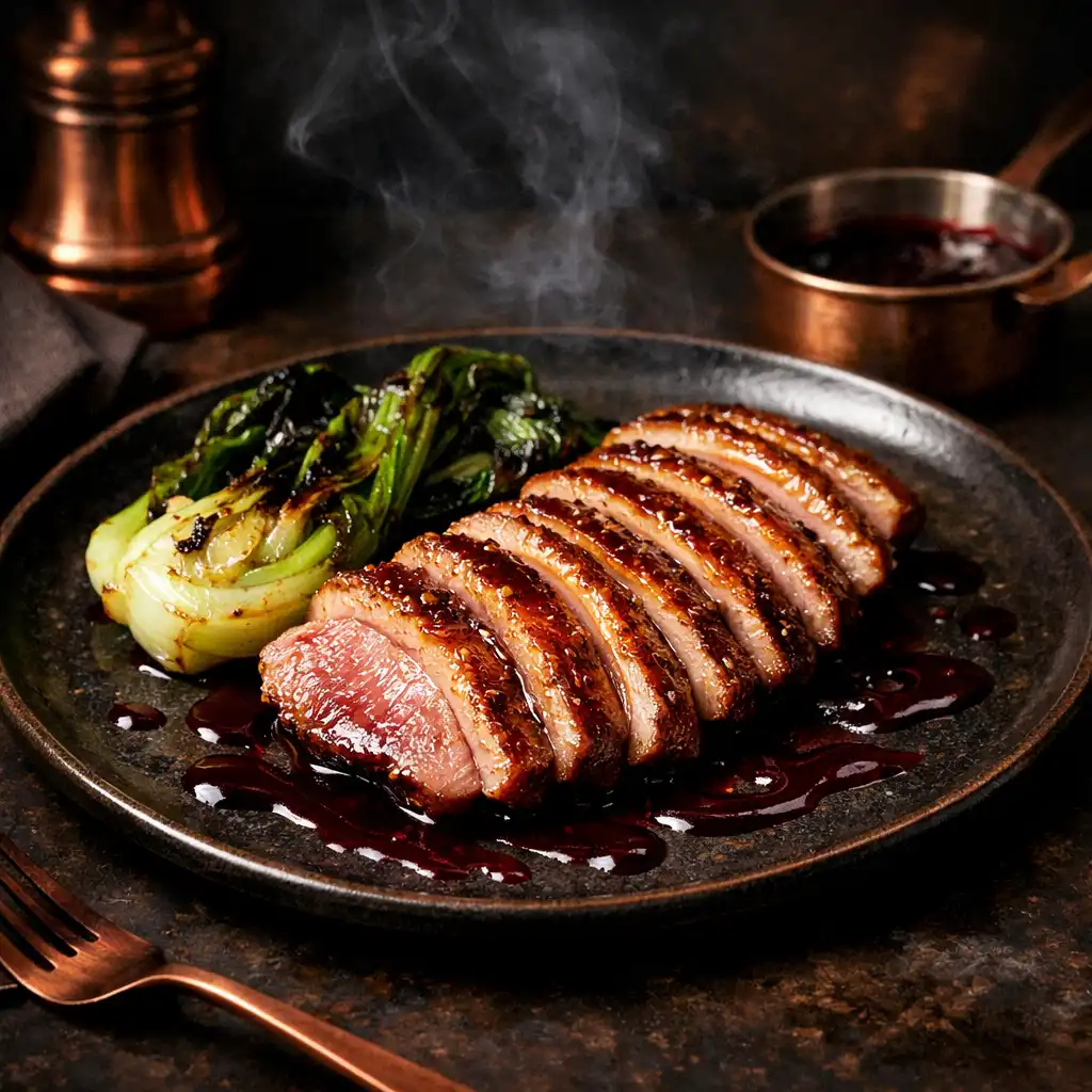 Smoked Manuka Duck with honey glaze, charred bok choy, and plum reduction